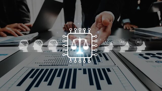 A corporate team discusses analytics and AI for legal compliance, showcasing data charts and insights in a modern business environment focused on innovation. Raster