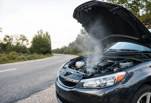 Overheating car engine with steam coming from under open hood parked on the roadside of rural highway.