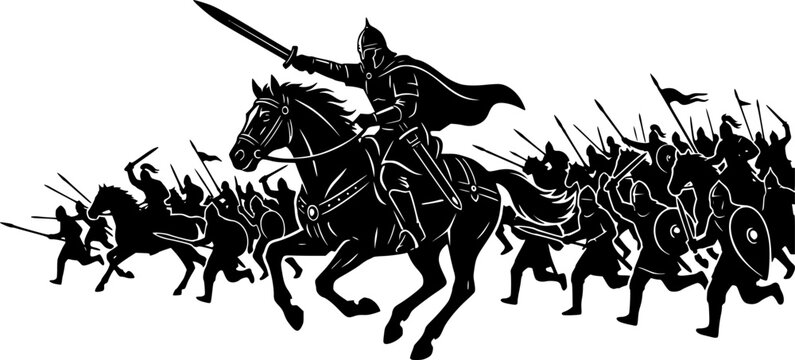 Dramatic warrior silhouette on horse charging into battle with soldiers in historical combat scene isolated on white background
