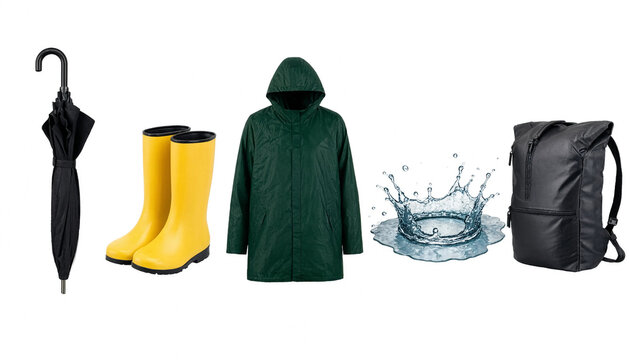 Rainy autumn collection with black umbrella, yellow rubber boots, green raincoat, water splash puddle and black backpack isolated on white background.