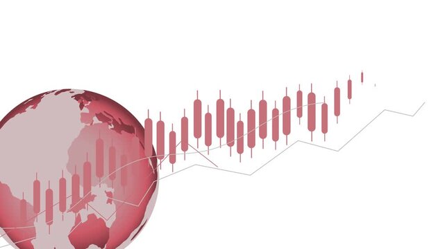 Global market candlestick trend animation, Earth globe on left with ascending blue candlestick stock chart