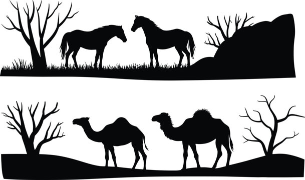 A professional minimalist vector silhouette set featuring wild horses and desert camels in nature landscapes from