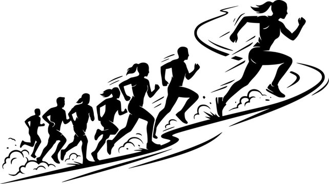 Dynamic black silhouette of runner leading group on winding uphill path isolated on white background
