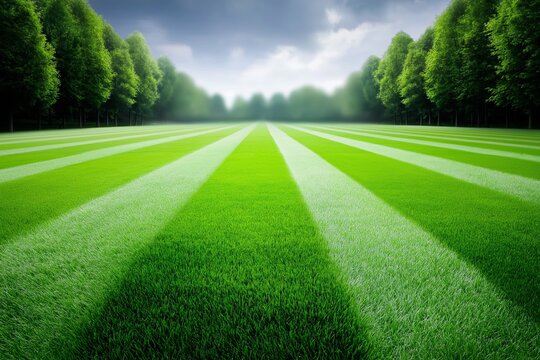 Beautifully maintained lush green football field with vibrant trees and cloudy sky, perfect sports ground for soccer world cup matches tournaments