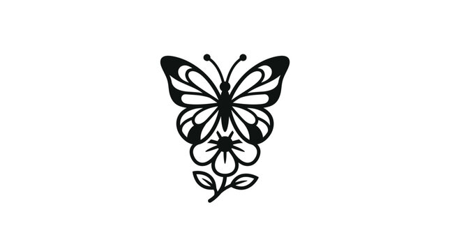 Ornate black line art butterfly design with floral elements on white background