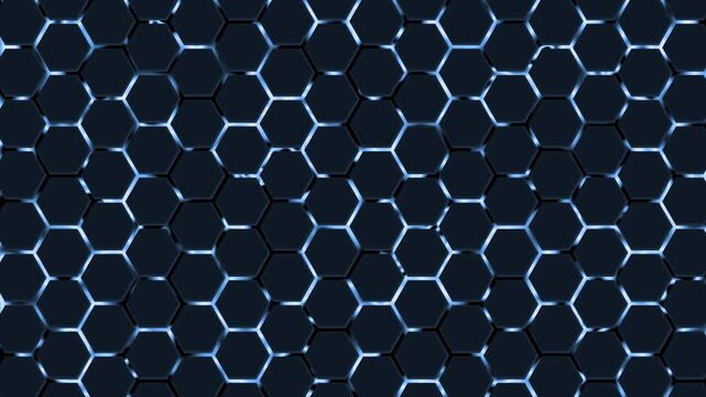 Hexagonal tiles with glossy highlights and shadowed edges, Dark hexagonal honeycomb pattern background animation