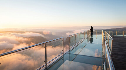 Fototapeta premium Modern glass observation deck over a cloudy canyon at sunrise, symbolizing visionary leadership and strategic business perspective.