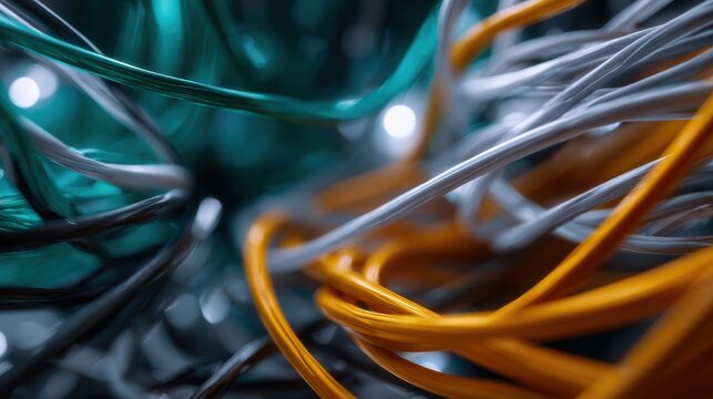 Entangled colorful wires and cables creating a complex abstract network pattern with sharp focus on orange and silver strands in a dynamic technology-inspired compos