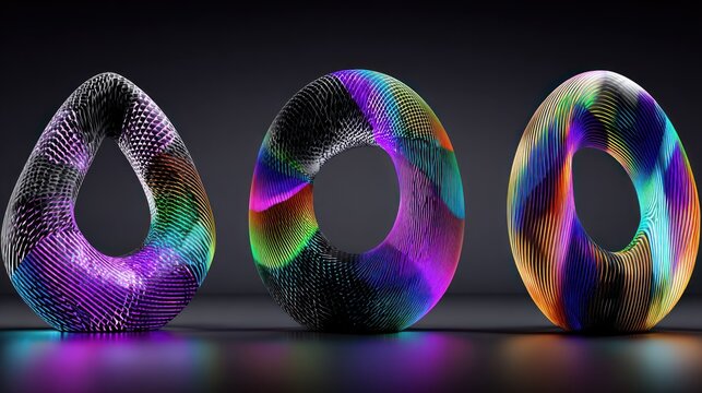 Three abstract, multicolored, illuminated toroidal shapes rest on a reflective dark surface.