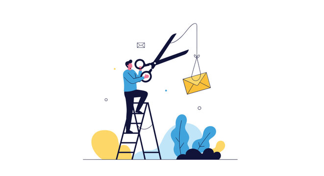 Professional worker on ladder using large scissors to cut string holding mail envelope for efficient communication and speed.