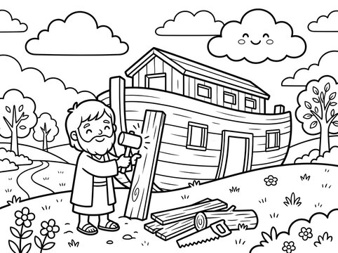 Cute storybook style black and white line art of Noah building the ark for toddlers.