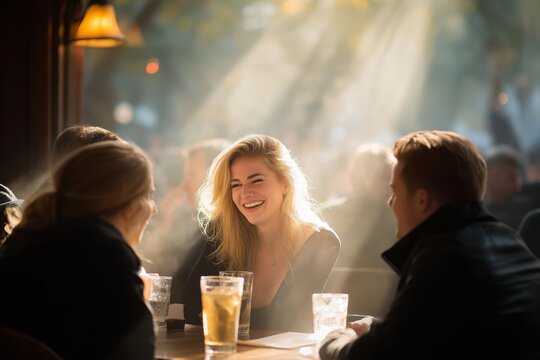 Group of football fans enjoying drinks and conversation in a sunlit pub during a Football World Cup soccer match event