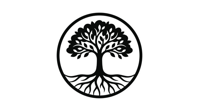 Minimalist black tree symbol with roots inside circle