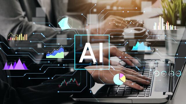 A business professional engaged in data visualization on a laptop in a modern office, highlighting the role of artificial intelligence in data analysis and productivity. Entropy.