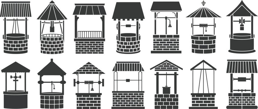 well illustration set of brick and stone well roof variations