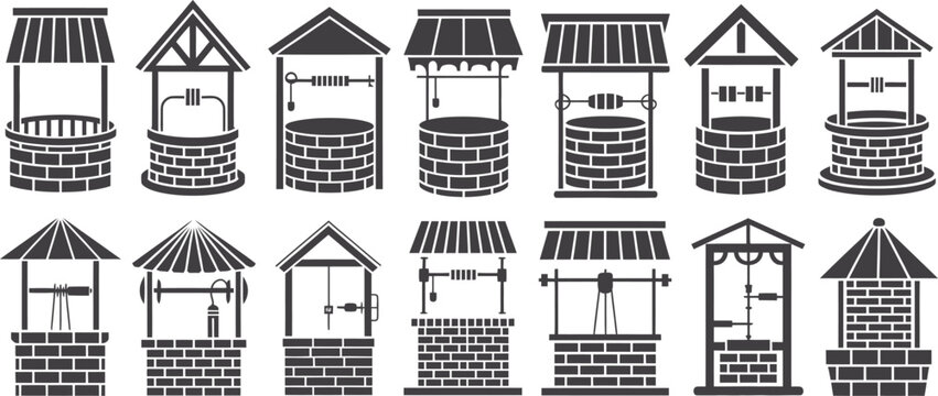 well icon pack of rustic well designs for logo and print