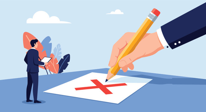 Large hand using pencil to mark red cross on document beside businessman representing rejection or incorrect business decision.