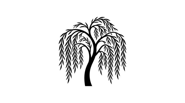 Black and white silhouette illustration of a weeping willow tree
