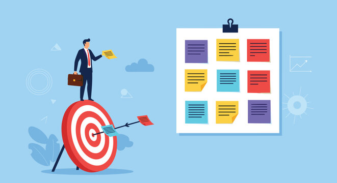 Businessman standing on giant target next to board with colorful sticky notes for project management and goal achievement.