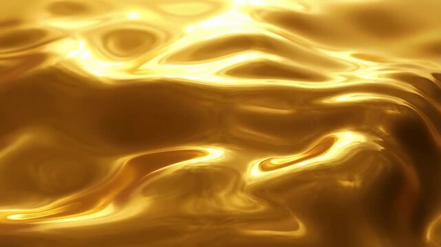 Slow motion pan of gold liquid metal surface flowing and rippling on studio tabletop close up abstract macro study