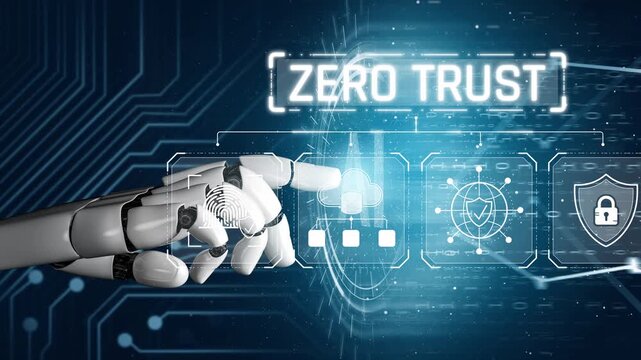 Futuristic Hand of Robot Interacting with Digital Interface Demonstrating Zero Trust Concept in Cybersecurity with Visual Elements Representing Technology and Security Sigmoid