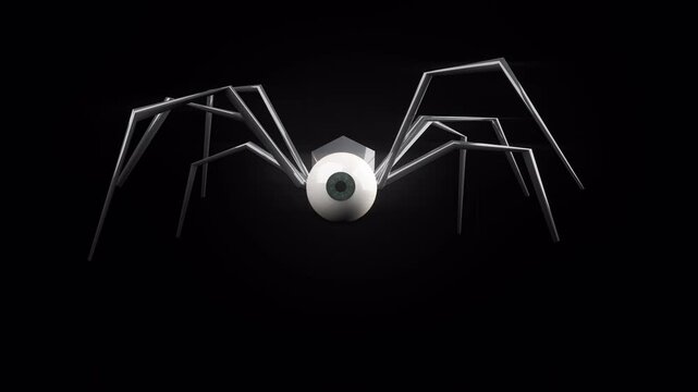 One-eyed robotic spider walking toward camera on black background, creepy 3D animated seamless VJ loop
