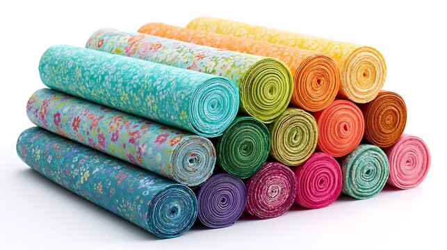 Stack of colorful floral fabric rolls isolated on white background