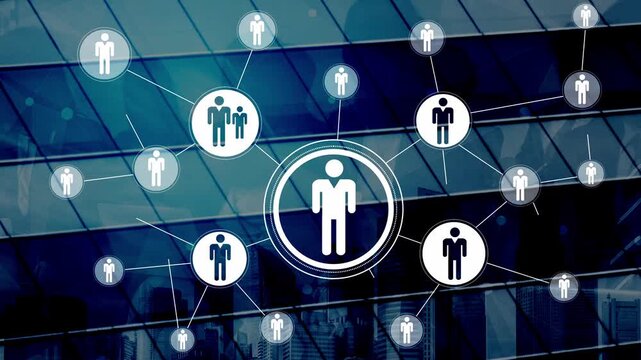 Man in the Center of a Network Connection with Various Icons Depicting People on a Technology Background with Urban Reflections Gluon.