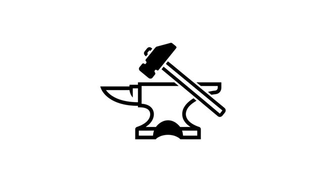 Black silhouette of a hammer and anvil icon on white background