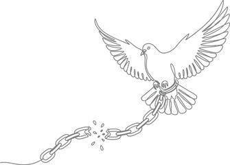 Obraz premium Continuous line drawing of a flying dove breaking free from metal chains representing freedom and liberation from oppression