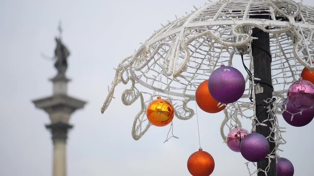 Christmas balls on Castle Square in Warsaw