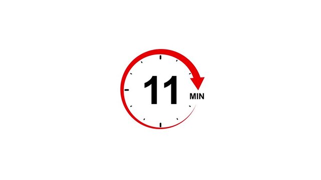 Red circular timer icon with number 11 and minutes abbreviation on white background 10 minutes clock