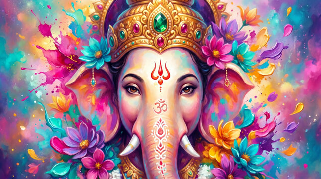Vibrant Floral Lord Ganesha Portrait with Sacred Symbols for Ganesh Chaturthi Celebration