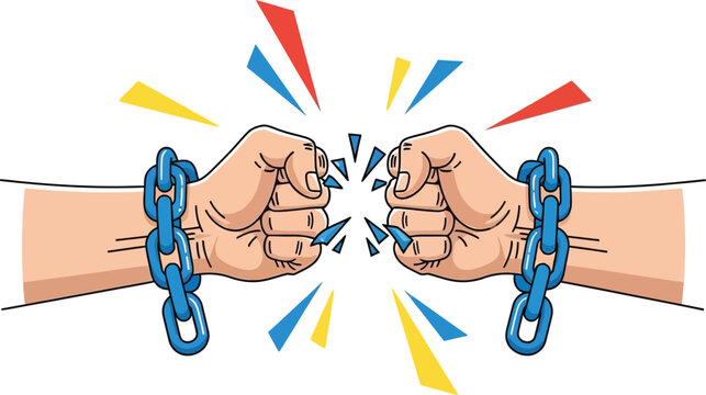 Two human fists breaking blue metal chains representing freedom and liberation from oppression in a flat vector illustration style