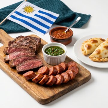 Uruguayan parrillada with steak, chorizo, empanadas, chimichurri, and salsa, isolated on white background