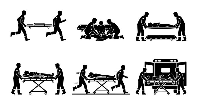 Emergency Medical Transport Icons, Ambulance Rescue Scenes, Patient Evacuation Vector Graphics, Healthcare Personnel Actions