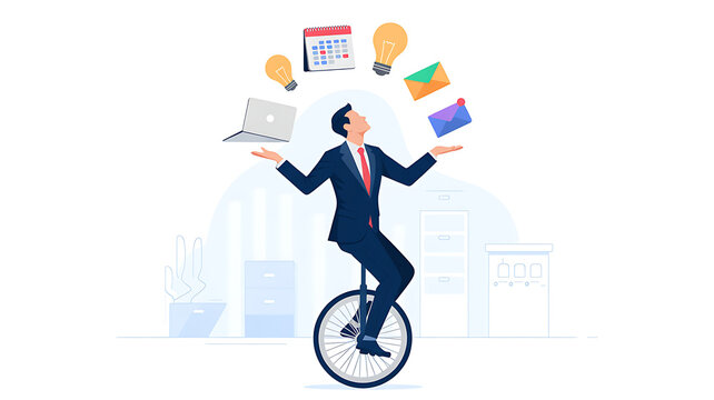 Productive master, productivity and project management skill, multitasking work and time management concept, skillful businessman riding unicycle juggling elements, laptop, calendar, ideas and emails.