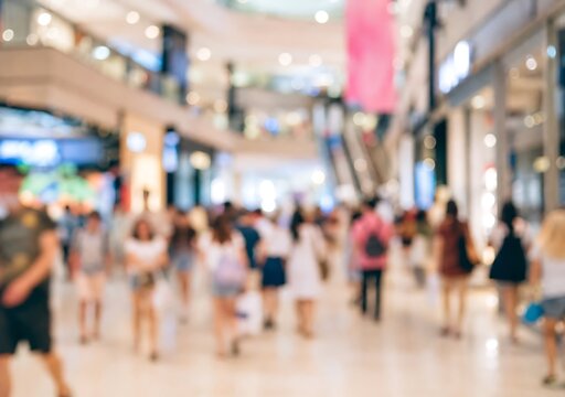 Blurred crowd of people walking inside modern shopping mall with bright ambient lighting and reflections on polished floor representing urban consumer lifestyle and retail environment