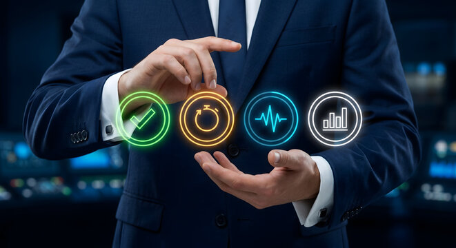 Executive presenting performance metrics with icons for quality check, time management, health monitoring, and statistics.