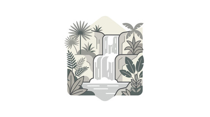 Stylized waterfall landscape in square frame graphic. © rafa