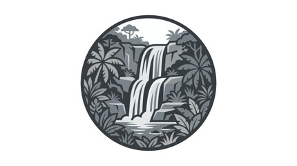 Circular emblem of a tropical waterfall in a forest. © rafa