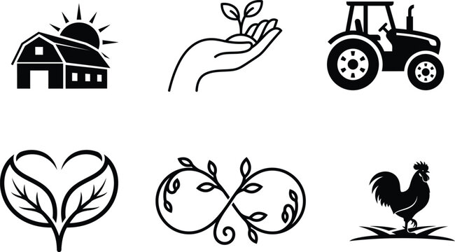 black and white farm icons on white background