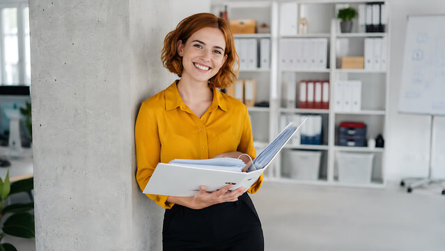 Confident businesswoman holding folder in modern office, professional female entrepreneur in yellow shirt, successful corporate employee at workplace isolated on White Background ai