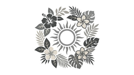 Tropical flower wreath with sun and monstera leaves. © rafa