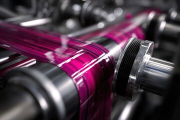 Fototapeta premium Industrial printing machine rolling vibrant magenta ink onto transparent film in a high-tech manufacturing process environment
