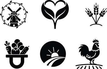 black silhouettes of farm related icons on white background © Saidurra12