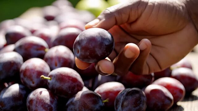 Closeup of black adult hand selecting ripe purple plums at outdoor fruit stall, fresh organic produce in warm sunlight, healthy eating and farmers market shopping