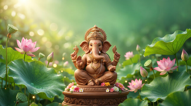 Serene Lord Ganesha Idol among Lotus Flowers in Nature Setting for Ganesh Chaturthi Celebration