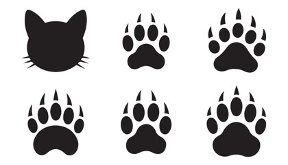 Set of predator animal paw prints with sharp claws and feline cat head silhouette for wildlife design. © MSTALIMA