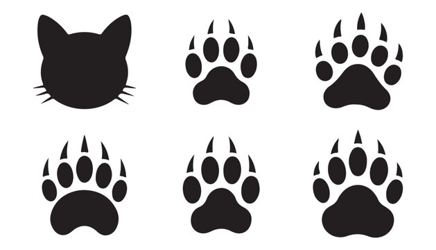 Set of predator animal paw prints with sharp claws and feline cat head silhouette for wildlife design.